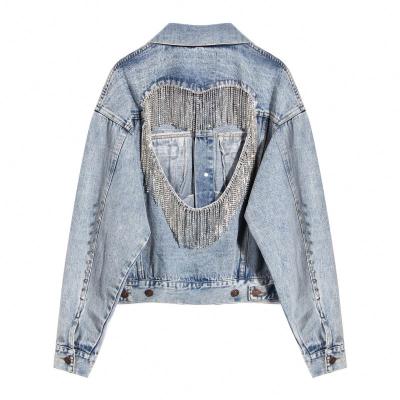 China 2021 Breathable Rhinestone Border Tassel Chain Heart Back Hollow Out Denim Female Blue Women Jean Jackets for sale