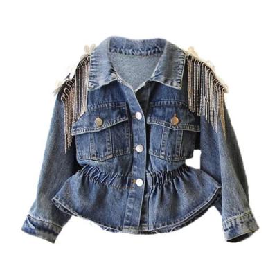 China Korean Girls Anti-wrinkle Large Children's Rhinestone New Fashion Denim Coat Fringe Waisted Kids Spring Jackets for sale