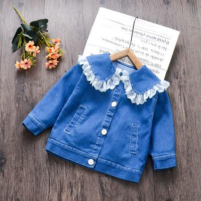 China Breathable Stylish Lace Cap Collar Kids Clothing Little Girls Denim Jacket With 2 Pockets Spring Autumn Casual Outfits for sale