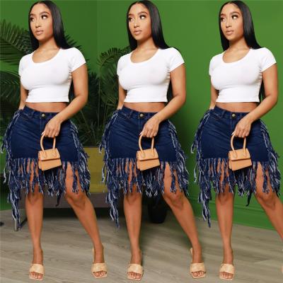 China European and American women's summer 2021 custom made breathable long fringed casual woman wrap denim skirt for sale