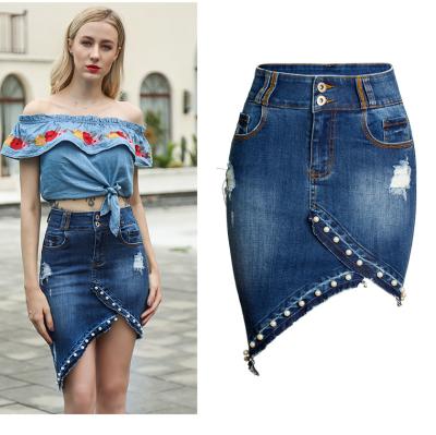 China High Waist Plus Size Jeans Skirts Irregular Pocket Ripped Denim Skirts Women Street Wear Midi Skirt With Pearl for sale