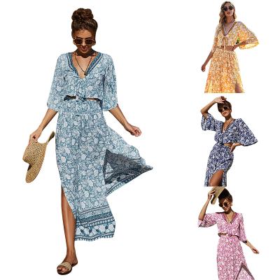 China V Neck Anti-Static Two Piece Long Cotton Bohemian Costume Dress for sale