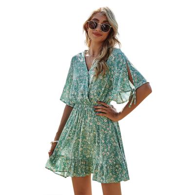 China Anti-Static Women's Spring Dresses Short Sleeve V-Neck Ruffled Chiffon Floral Loose Mini Dress for sale