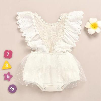 China Newborn Birthday Dress Princess Edge and Headband Princess Dresses Flying Sleeve Breathable Summer Baby Lace Mesh for sale