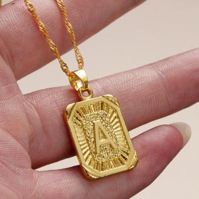 China 18K Gold Plated Brass Uppercase Medal Square Necklace Women Initial Letter Mens Religious Pendant Necklace for sale