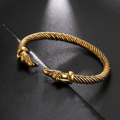 China CLASSIC antique gold style Viking Bangles Jewelry Stainless Steel gold punk bead stripe crested double opening bangle for men for sale