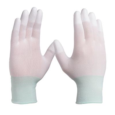 China Elastic Knitted Cuff 13G White Nylon Knit PU Fingertip Coated General Purpose Work Gloves for sale