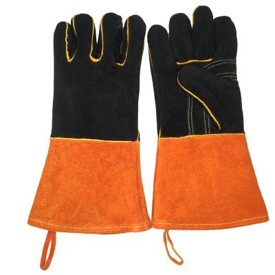 China Anti-Heat 14 Inches Lined Cow Palm Reinforced Fleece Split Leather Heat Resistant Welding Gloves for sale