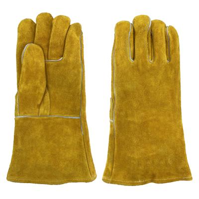 China Hand Work Safety Welder Goatskin Cowhide Argon MIG Tig Gold Yellow Cow Split Arc Tig Welding Leather Heavy Duty Welding Gloves for sale