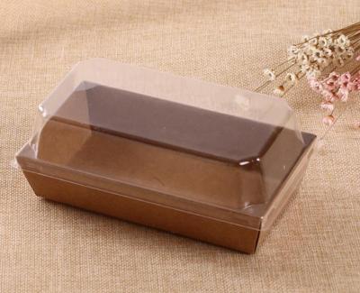 China Recycled Materials Takeaway Grade Kraft Paper Container Tray Rectangular Bread Wedding Cake Box With Clear Plastic Lid for sale