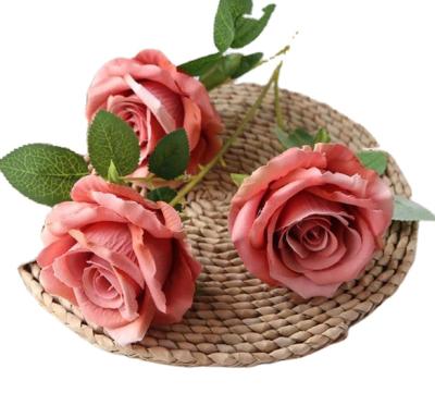 China Wholesale high quality eco-friendly decorative large red velvet rose flower artificial rose branch with 3 heads for sale