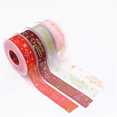 China Hot Selling 25mm Organza Ribbon Christmas Gift 20meters Gold Printed Handwork DIY Star Yarn Ribbon Decorations for sale