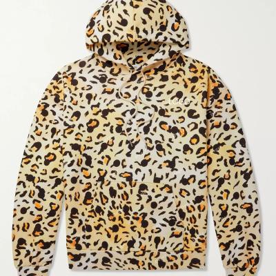 China Custom Anti Wrinkle All Over Hood Men Pocket Sweatshirts Boys Girls Fleece Hoodies Leopard Print Long Sleeve Drawstring Kangaroo for sale