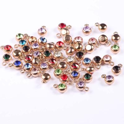 China Environmental Friendly Rose Gold Plated Round 6mm 12 Rhinestone Stainless Steel Birthstone Charms For DIY Jewelry Making for sale