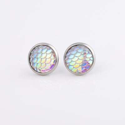 China Environmental Friendly Faux Druzy Fish Scale 12mm Stainless Steel Stud Earrings For Kids Women Party Gift for sale