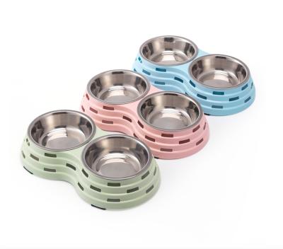 China New Sustainable Cavity Candy Non-Slip Stainless Steel Small Double Bowl Cat Basin Dog Bowl Pet Supplies Pet Feeder for sale