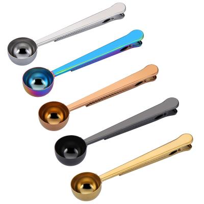 China Customization Sustainable Coffee Milk Powder Scoop With Bag Clip Metal Stainless Steel Spoon for sale