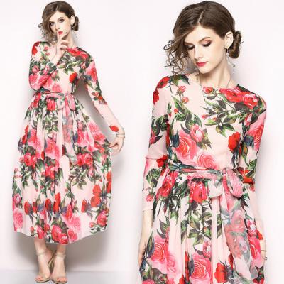 China Antibacterial Printed Chiffon Dress Long Sleeve Slim Fit Dress for sale