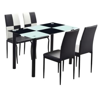 China Knock Down 5 Set Black And White Combination Table With Tempered Glass Table Top And 4 PU Leather Chairs for sale