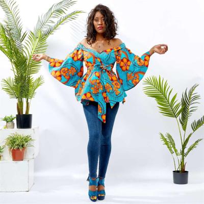 China Breathable High Quality African Floral Print Girls Waisted T-shirt Stylish Print Half Sleeve Ladies Tops Woman Off The Shoulder Full Wrap Fashionable for sale