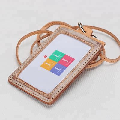 China Real Leather Factory Custom Durable Leather Work Badge ID Card Holder with Neck Strap for sale