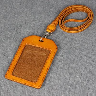 China Real Leather Fashion Genuine Leather Credit Card Holders Tags Badge ID Card Holder With Long Strap for sale