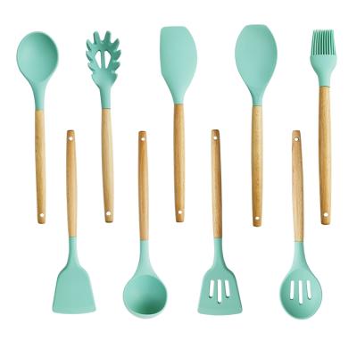 China Sustainable Kitchenware Utensils Kitchen Tool Wood Cookware Set Kitchen Accessories Food Grade Silicone Set for sale