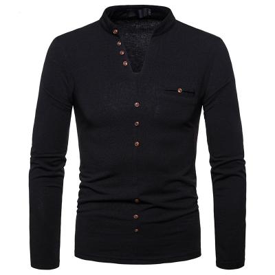 China Latest Style Anti-Wrinkle Long Sleeve T Shirts V Neck Button Design T Shirts Plus Size T Shirts Men for sale