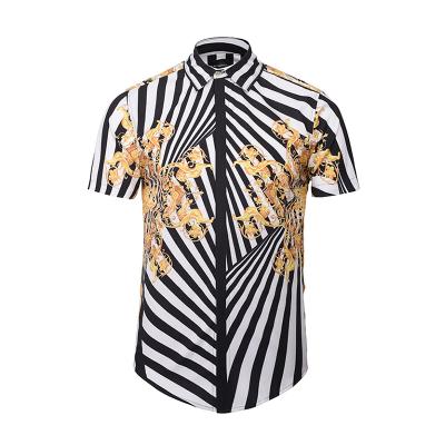 China New Design Stripe Printing Anti-pilling Short Sleeve Shirts Gold Flower Printing Custom Made Mens Shirts for sale