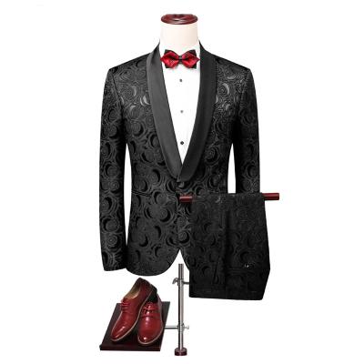 China 2 Pcs Anti-Shrink Suit For Men's New Flower Design Black Wedding Suit Men's Casual Tuexdo Suit for sale