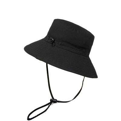 China Unique Character Design Cotton Fishing Black Waterproof Fashion Bucket Hat String Bucket Hat With Drawstring for sale