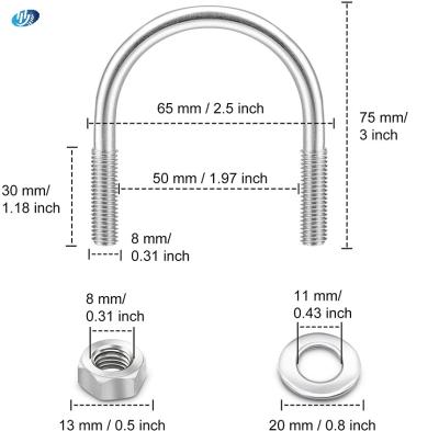 China 304 Stainless Steel U-Bolt Marine Boat Deck Hardware M8x100 2PCS Set for sale