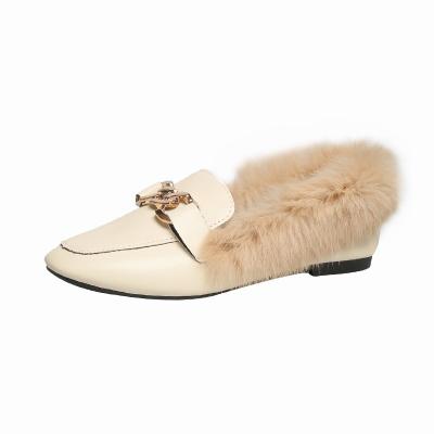 China 2020 Wholesale Light Cheap Style Ladies Shoes Women Dress Office Faux Fur Slip On New Slip On Pump Shoes Heel Metal Decoration Daily Winte for sale