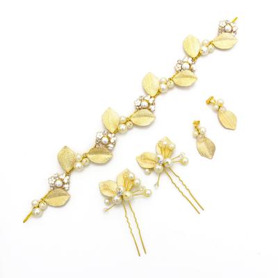 China Bridal Pearl Leaves Metal Headband Wedding Headband Earrings Bridal Hair Pin Set for sale