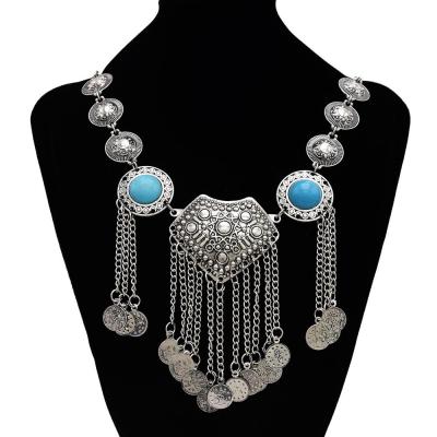 China TRENDY Vintage Metal Statement Necklace Resin Silver Gem Coin Tassel Jewelry Choker Necklace for sale