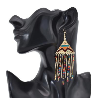 China Ethnic Vintage Statement Tassel Chandelier Bohemian Drop Dangle Earrings Colorful Gemstone Tassel Earrings for sale