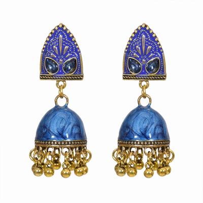 China BOHEMIA Vintage Alloy Earrings Lady Bell Pendant Earrings Rhinestone Gold Earrings Bohemian Accessories for sale