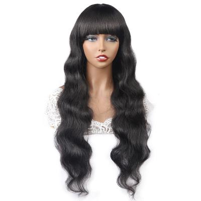 China Custom Logo Cheap Brazilian Cambodian Hair Wholesale Body Wave Human Body Wave Wig With Bangs Silk Straight Wave Machine Made Wigs for sale