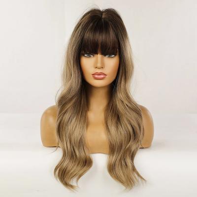 China Stock Quality 100% Body Wave Screening Very Long Curly Brown Hair Wig With Bangs For White Women for sale