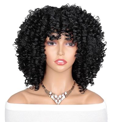 China Short Curly Afro Wave Wig For Black Women With Big Bangs Bouncy Fluffy Kinky Curly Wig Ombre Darkest Synthetic Short Afro Curly Wig for sale