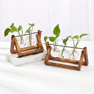 China Wholesale Plant Terrarium with Wooden Stand Bulb Glass Vase Retro Tabletop for Hydroponics Home Garden Office Decoration for sale