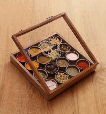 China Wooden Handcrafted Spice Box with 16 Round Compartments & Spoon, Wood Spice Box Set  Mother's Day Gift for sale