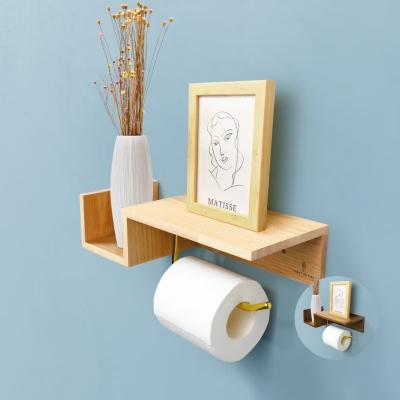 China Wood Toilet Paper Holder Wooden Toilet Paper Holder with Macrame Style Phone Holder Easy Storage Wall Shelf for sale