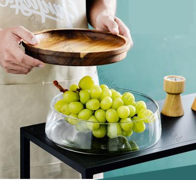 China Creative Glass Bowl with Wood Plate Fruit Nut Dried Storage Boxes Container Fruit Tray with Wooden Lid for Home Kitchen Office for sale