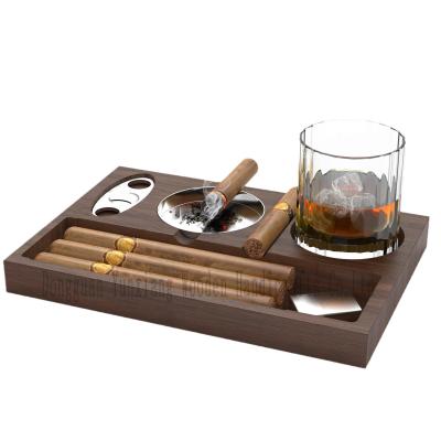 China Cigar Ashtray Coaster Whiskey Glass Tray and Cigar Holder, Wooden Ash Tray,  Cigar Accessory Set Gift for Men Dad for sale