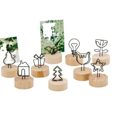 China Wooden Base Place Card Holders Rustic Iron Wire Picture Picks Clip Party Decoration Card Holders Picture Memo Note Photo Clip for sale