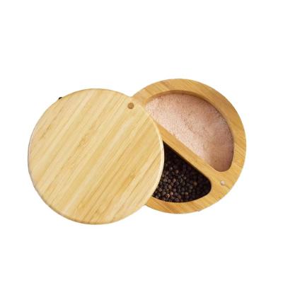 China Bamboo lid spice jar Salt cellar box Pepper box Moisture-proof kitchen seasoning storage box with magnetic rotating lid for sale