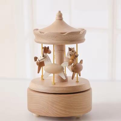 China Hot Selling Wooden Carousel Music Box Christmas Birthday Gift for Kids Home Office Decorations with Mechanical Play Power for sale