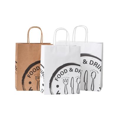 China Recyclable Wholesale Paper Bags With Your Own Logo Food Take Away Brown Kraft Paper Bag With Handle for sale