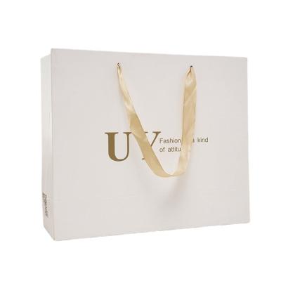 China Custom Recyclable Luxury White Paper Shopping Bag Ad Printing Mailing Bags With Gold Logo For Gifts Clothes Make Up Packaging With Ribbon for sale